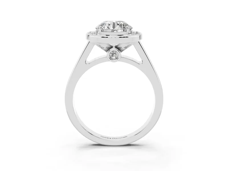 Round Cut Diamond Halo Solitaire Ring Set in Silver with Pavé Band and Bezel Setting