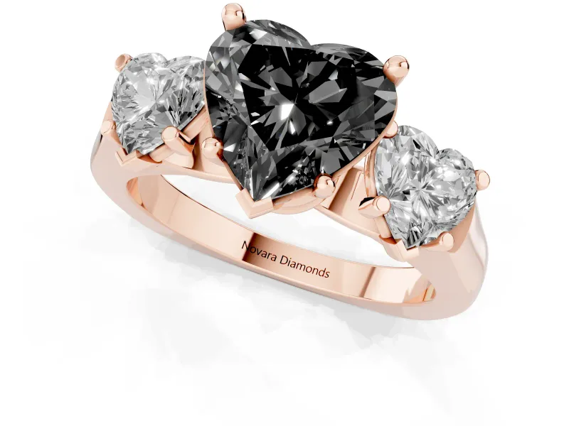 Heart-Shaped Three Stone Engagement Ring Setting for a Black Center | Plain Squared Band | Rose Gold