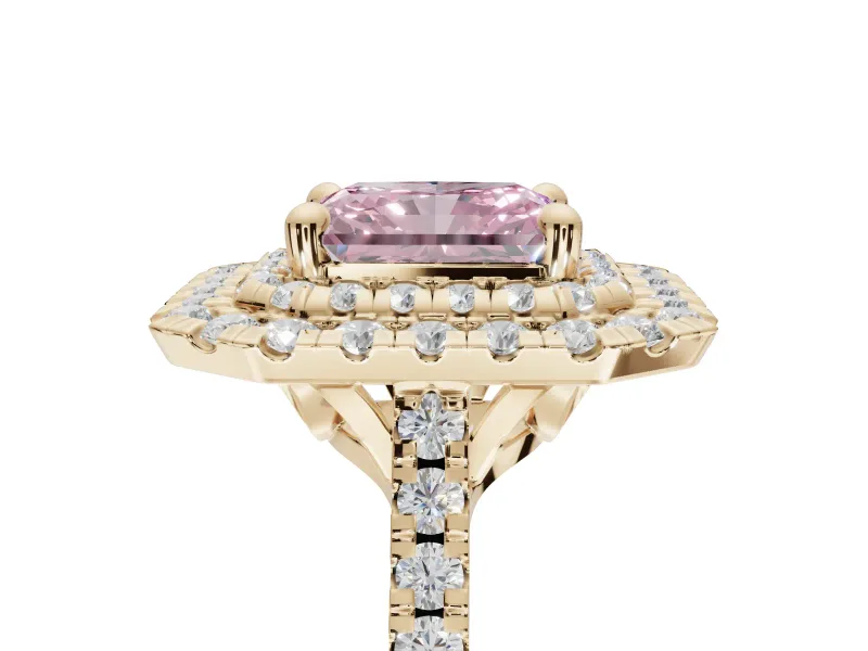 Fancy Pink Radiant Cut Lab-Grown Diamond Double Halo Statement Ring Set in Yellow Gold with Pavé Band