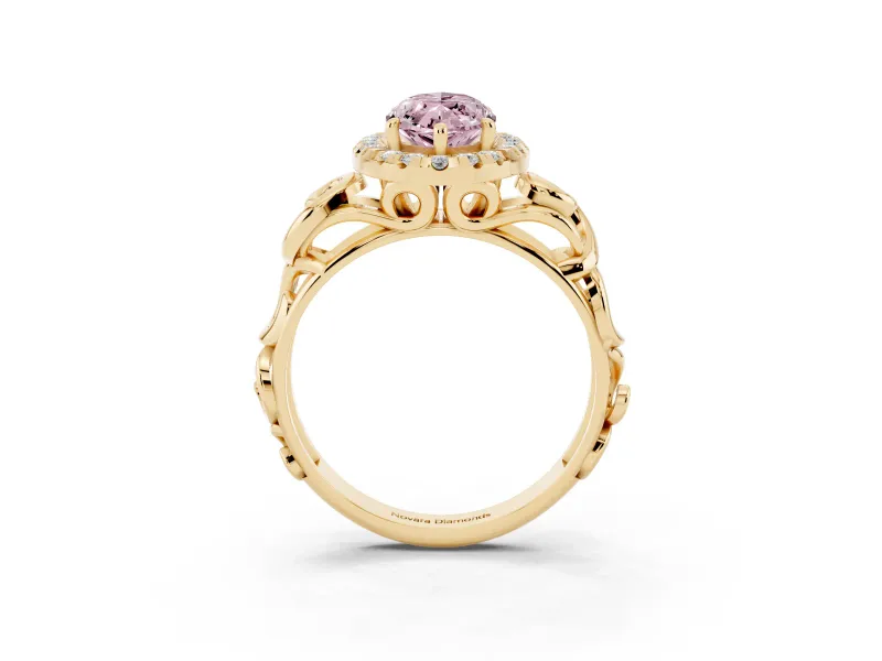 Fancy Pink Marquise Cut Diamond Halo Ring Set in Yellow gold with Scrollwork Band and Prong Setting