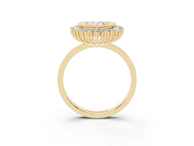 Pear Cut Diamond Halo Ring Set in Yellow gold with Milgrain Edge and Round Prong Setting