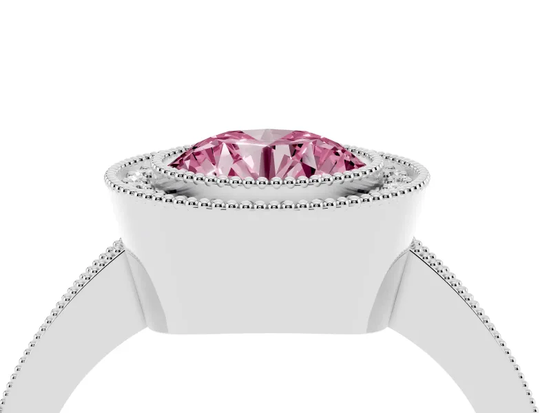 Fancy Pink Round Cut Diamond Halo Engagement Ring Set in White gold with Pavé Band and Round Halo Stones