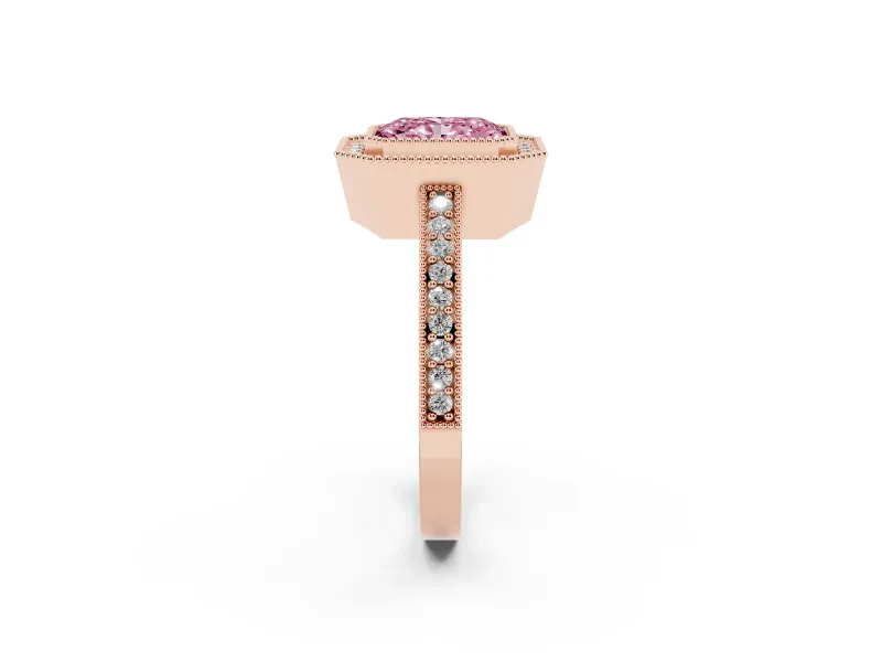 Radiant Cut Milgrain Halo Engagement Ring Setting for a Fancy Pink Lab-Grown Diamond | Pave Band | Rose Gold