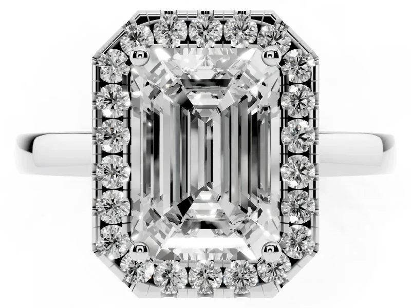 Emerald Cut Diamond Halo Solitaire Ring Set in Platinum with Pavé Band and Prong Setting
