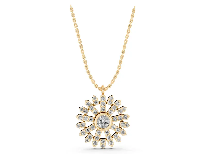 Round Lab-Grown Diamond Bezel Snowflake Pendant Necklace | Pavé Arms | Yellow Gold