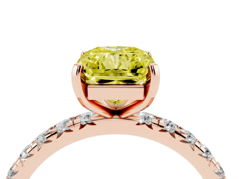 Fancy Yellow Radiant Cut Diamond Pavé Solitaire Ring Set in Rose gold with Round Band and Prong Setting