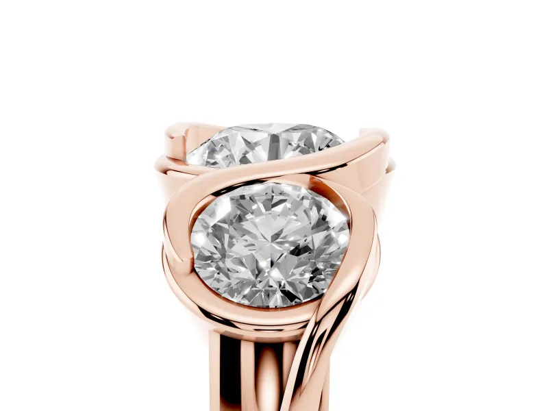 Round Bezel Three Stone Engagement Ring Setting | S-Curve Wave | Rose Gold