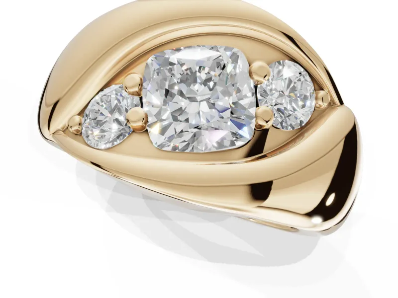 Cushion Cut Three Stone Bypass Engagement Ring Setting | Sculpted Crossover Band | Yellow Gold