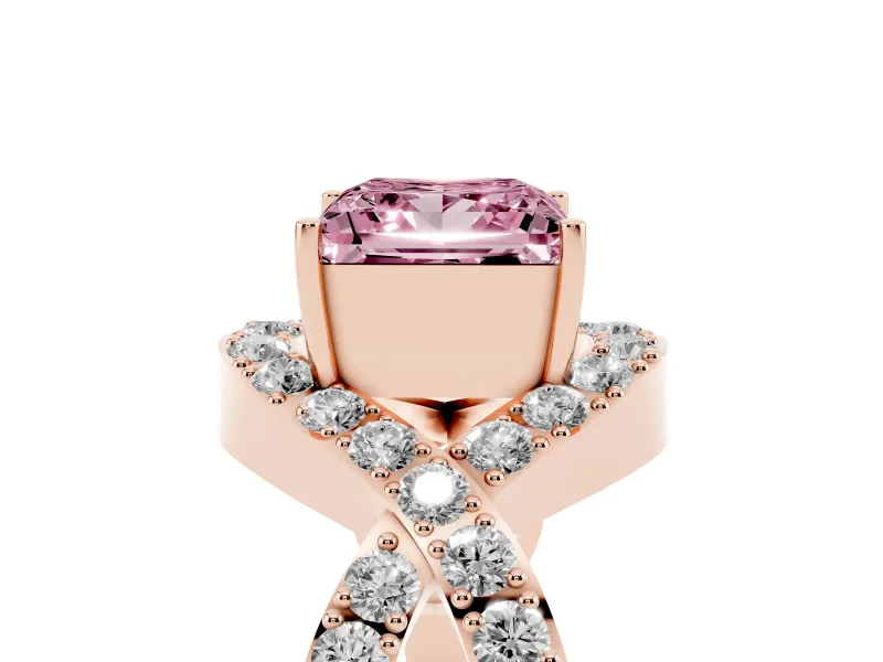 Fancy Pink Princess Cut Diamond Solitaire Twist Band Pavé Engagement Ring Set in Rose gold