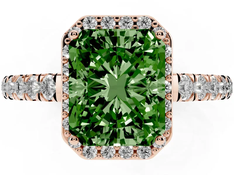Radiant Cut Halo Pavé Engagement Ring Setting for a Fancy Green Lab-Grown Diamond | Rose Gold