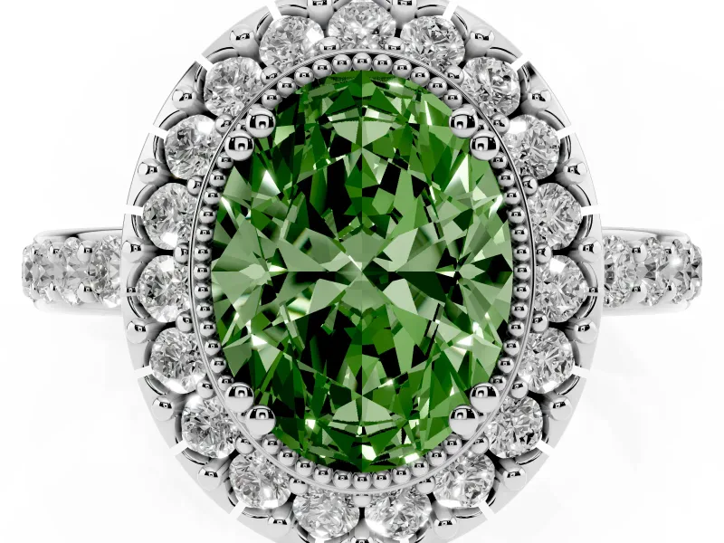 Fancy Green Oval Cut Diamond Halo Ring Set in Silver with Pavé Shank and Prong Setting
