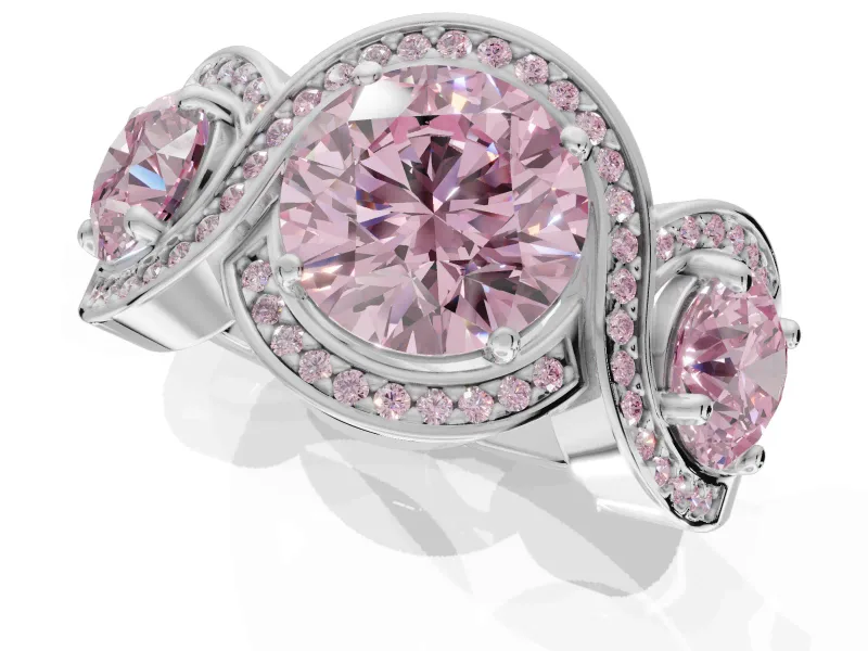 Round Three Stone Halo Engagement Ring Setting for a Fancy Pink Lab-Grown Diamond | Pavé Wave Band | Sterling Silver