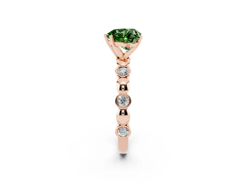Fancy Green Heart Cut Diamond Solitaire Ring Set in Rose gold with Bezel-Set Accents on Beaded Band and Prong Setting