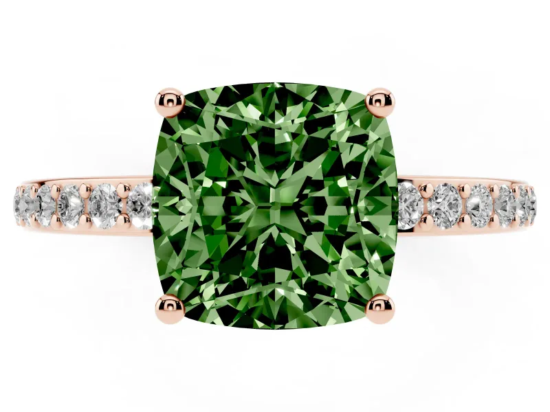 Fancy Green Cushion Cut Diamond Pavé Band Ring Set in Rose gold with Prong-Set Center Stone