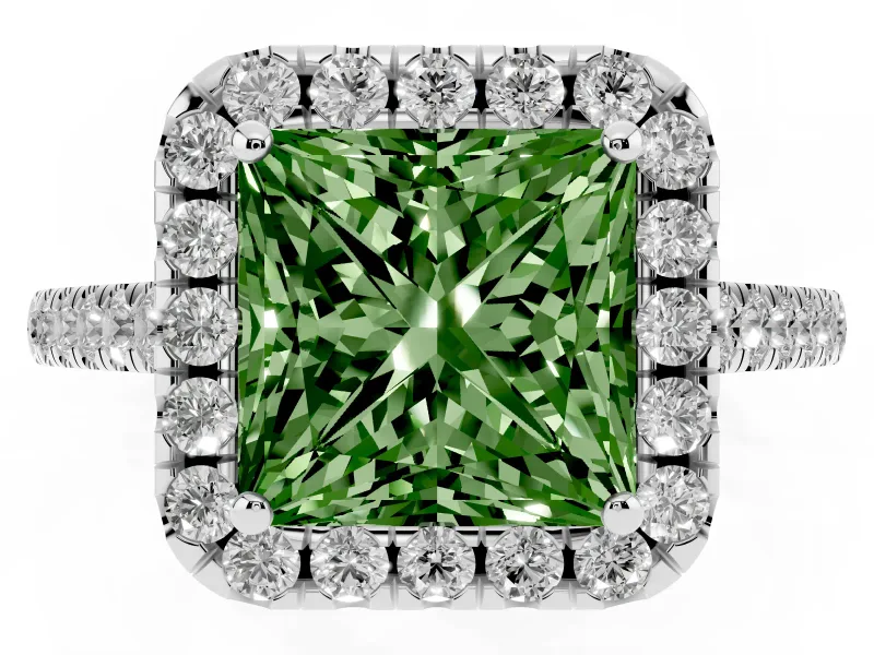 Princess Cut Halo Engagement Ring Setting for a Fancy Green Lab-Grown Diamond | Pave Shoulders | Platinum