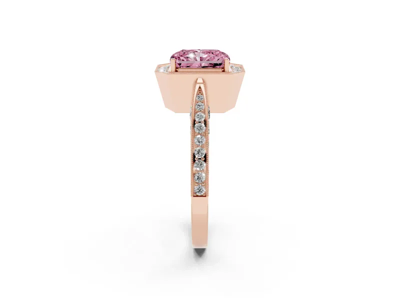 Radiant Cut Milgrain Halo Engagement Ring Setting for a Fancy Pink Lab-Grown Diamond | Side Stones | Rose Gold