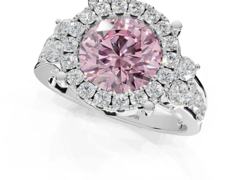 Round Halo Engagement Ring Setting for a Fancy Pink Lab-Grown Diamond | Graduated Channel Band | Sterling Silver