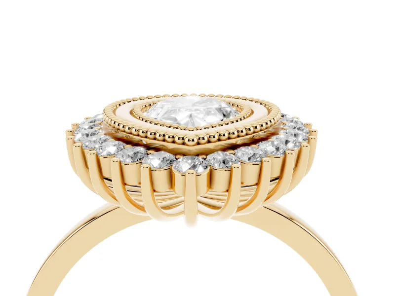 Pear Cut Diamond Halo Ring Set in Yellow gold with Milgrain Edge and Round Prong Setting