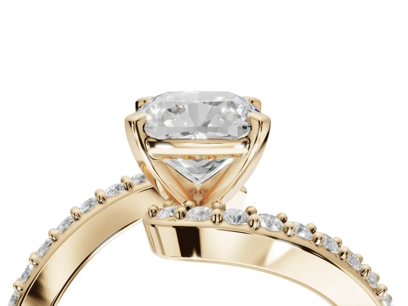 Cushion Cut Bypass Pavé Solitaire Engagement Ring Setting | Swirl Band | Yellow Gold