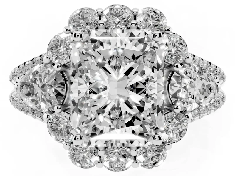 Radiant Cut Diamond Halo Split Shank Engagement Ring Set in Platinum with Prong-Held Center Stone