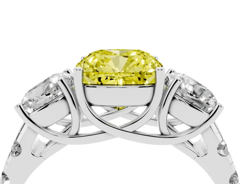 Fancy Yellow Cushion Cut Diamond Three-Stone Ring Set in Platinum with Pavé Band