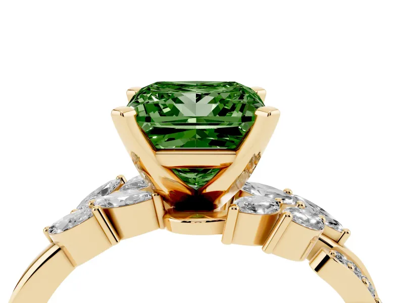 Fancy Green Princess Cut Diamond Solitaire Ring Set in Yellow gold with Marquise Twist Band and Prong Setting