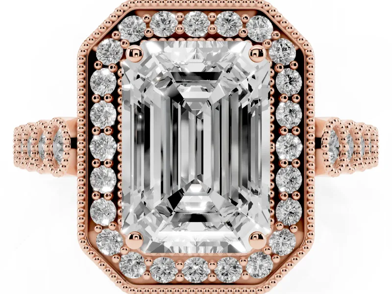 Emerald Cut Milgrain Halo Engagement Ring Setting | Graduated Bezel Accents | Rose Gold