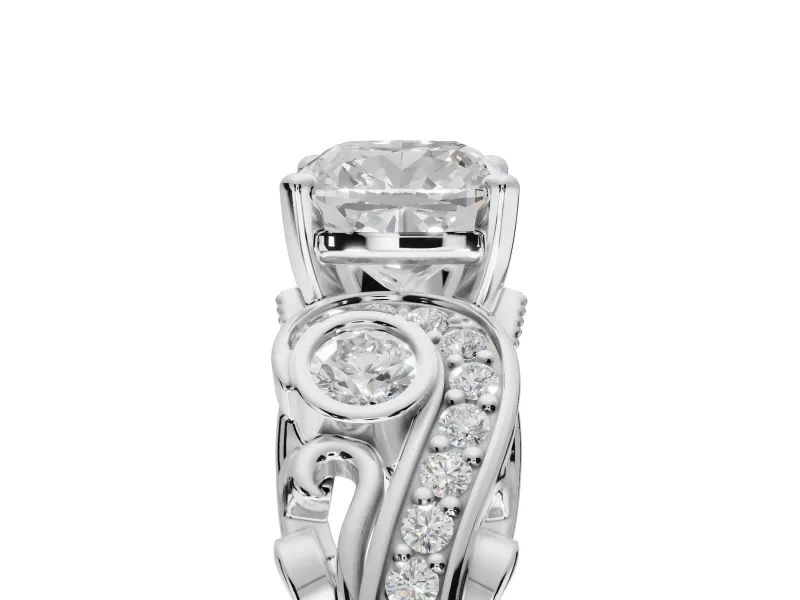 Cushion Cut Vintage Swirl Engagement Ring Setting | Bezel Side Accents | Platinum