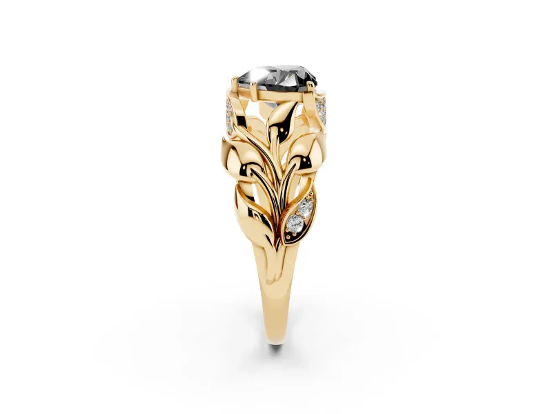 Heart-Shaped Leaf Bypass Engagement Ring Setting for a Black Center | Sculpted Leaves | Yellow Gold