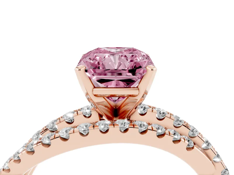 Fancy Pink Radiant Cut Diamond Solitaire Twist Band Ring Set in Rose gold with Pavé Setting and Prong Head