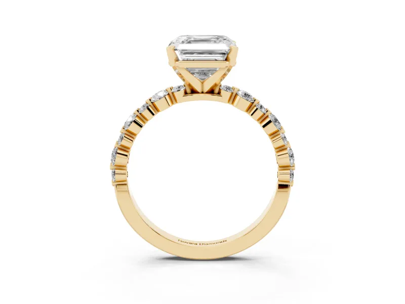 Asscher Cut Diamond Prong Set Engagement Ring Set in Yellow gold with Round Accent Pavé Band