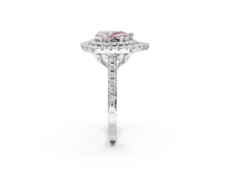Fancy Pink Pear-Shaped Lab-Grown Diamond Double Halo Statement Ring Set in Sterling Silver with Pavé Band