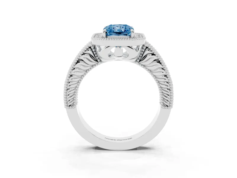 Fancy Blue Radiant Cut Diamond Halo Ring Set in Platinum with Round Accent Halo, Pavé Band and Prong Setting