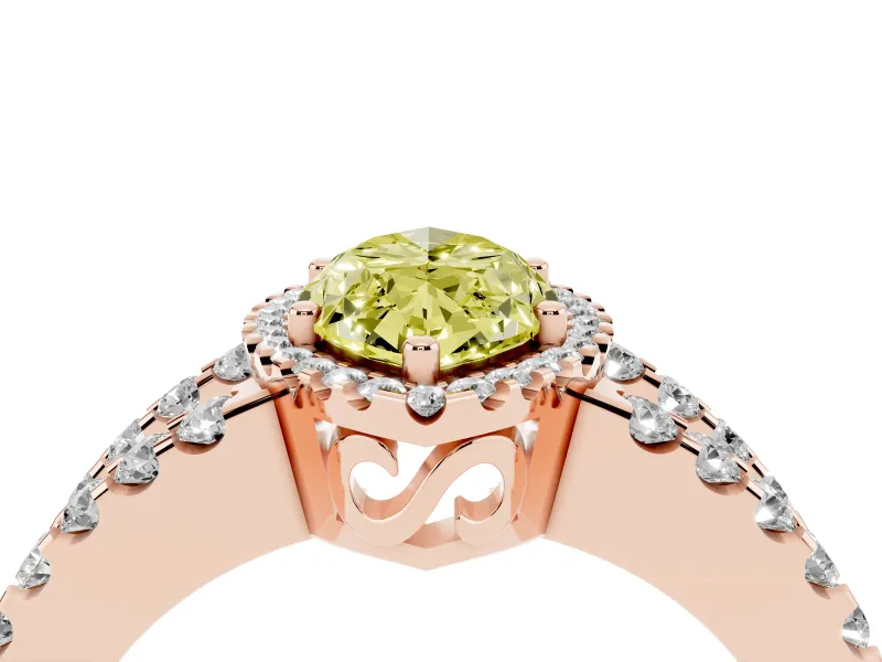 Fancy Yellow Marquise Cut Diamond Halo Ring Set in Rose gold with Pavé Split Shank and Prong Setting