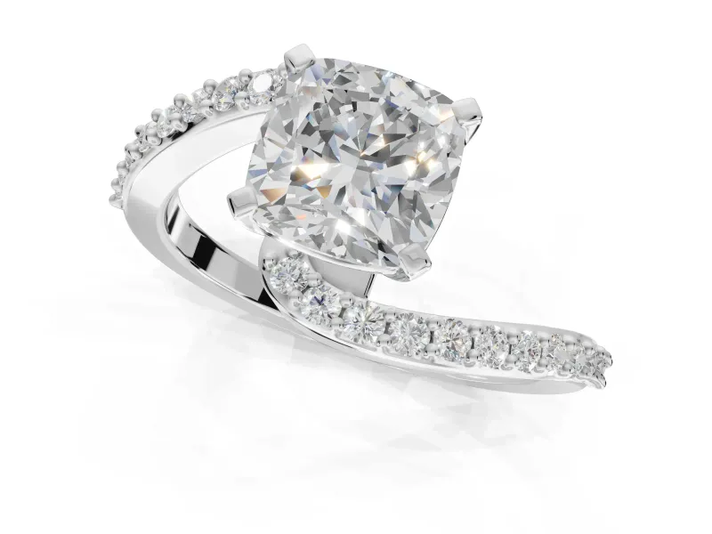 Cushion Cut Bypass Pavé Solitaire Engagement Ring Setting | Swirl Band | White Gold