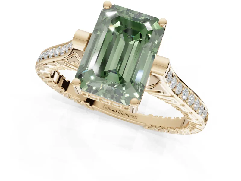 Emerald Cut Vintage Cathedral Engagement Ring Setting for a Fancy Green Lab-Grown Diamond | Carved Band | Yellow Gold