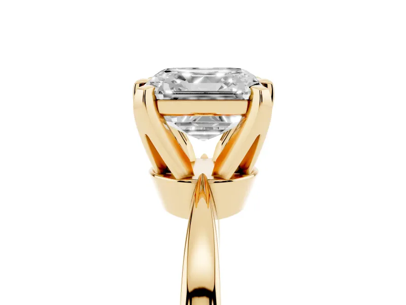 Asscher Cut Diamond Solitaire Engagement Ring Set in Yellow gold with Slim Tapered Solitaire Band