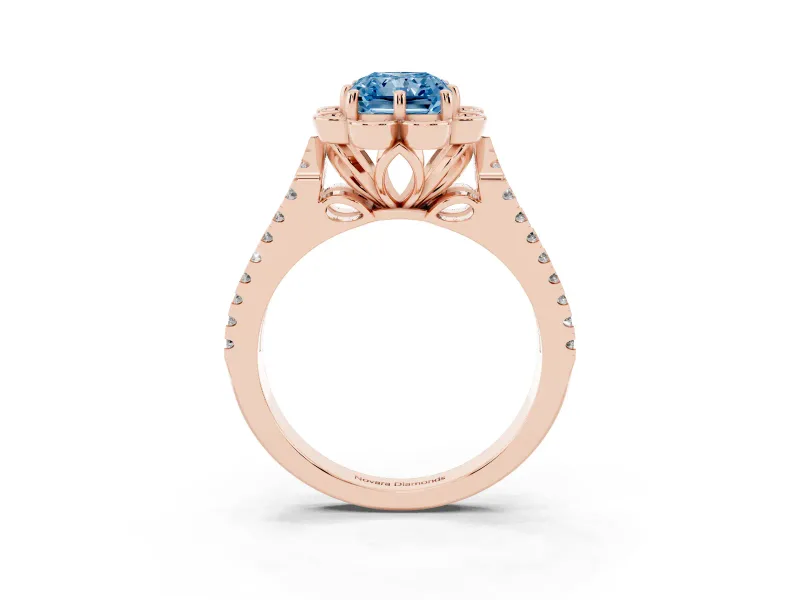 Radiant Cut Floral Halo Engagement Ring Setting for a Fancy Blue Lab-Grown Diamond | Pavé Split Shank | Rose Gold
