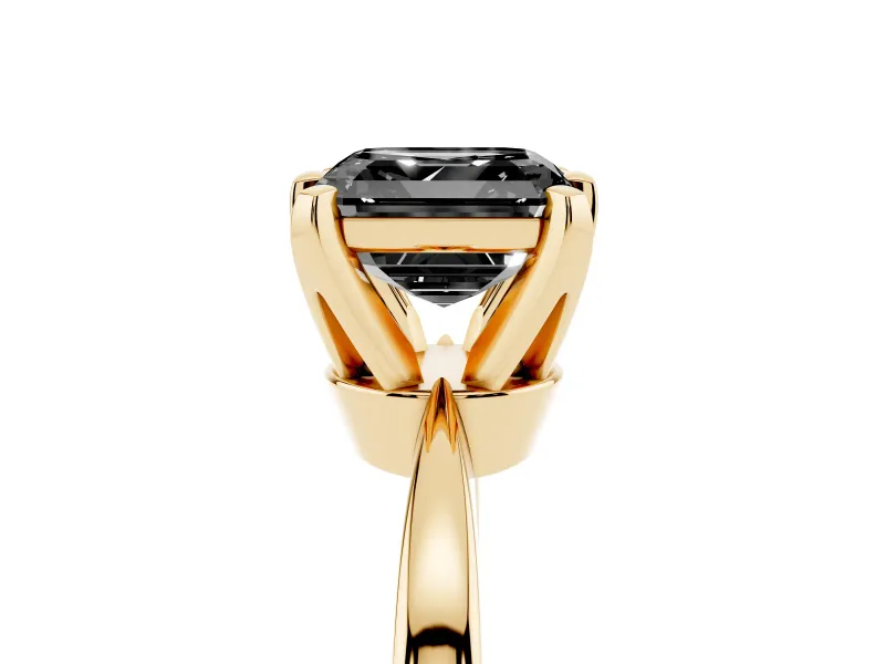 Fancy Black Asscher Cut Diamond Solitaire Engagement Ring Set in Yellow gold with Slim Tapered Solitaire Band