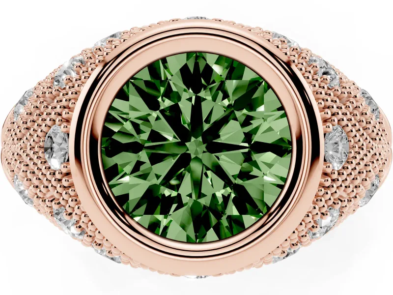 Fancy Green Round Cut Diamond Bezel Ring Set in Rose gold with Milgrain Accent Band
