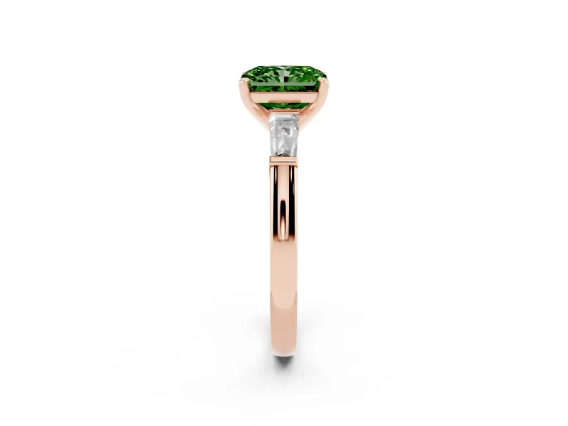 Fancy Green Radiant Cut Diamond Solitaire Ring Set in Rose gold with Tapered Baguette Side Stones and Prong Setting