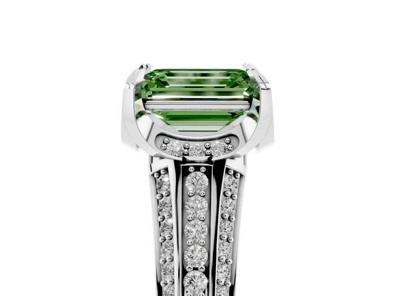 Emerald Cut Hidden Halo Engagement Ring Setting for a Fancy Green Lab-Grown Diamond | Triple Row Pavé Band | Platinum