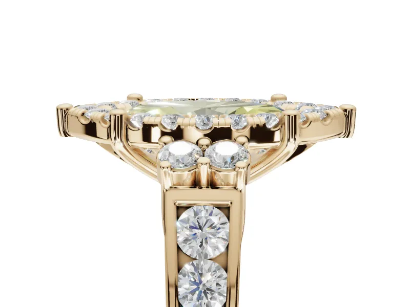 Marquise Halo Engagement Ring Setting for a Fancy Yellow Lab-Grown Diamond | Graduated Channel Band | Yellow Gold
