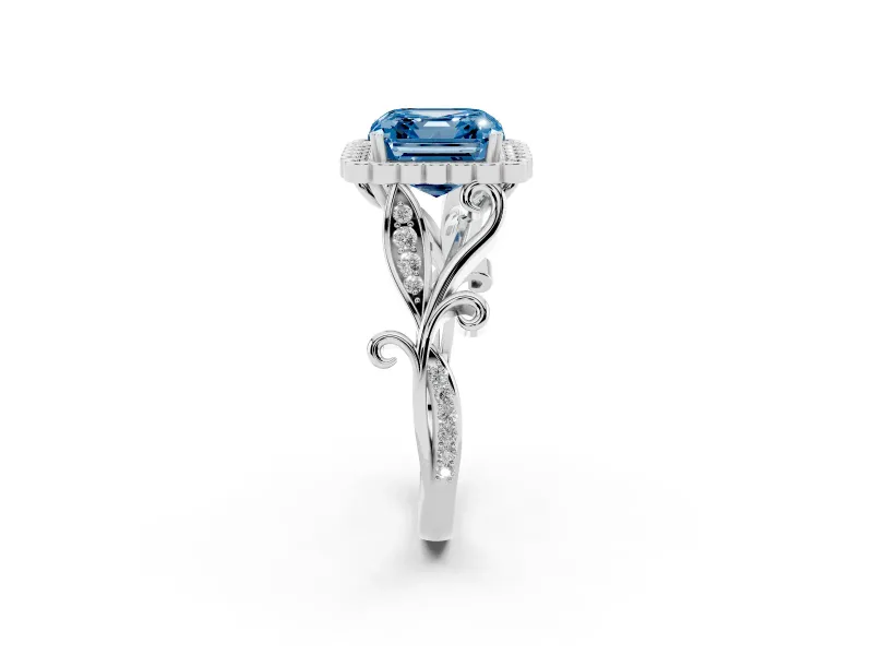 Asscher Cut Leaf Halo Engagement Ring Setting for a Fancy Blue Lab-Grown Diamond | Platinum