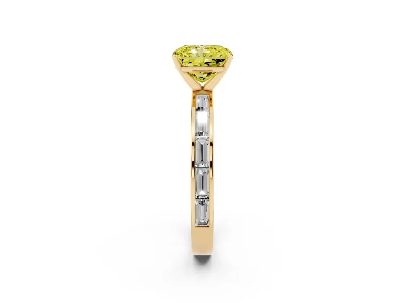 Fancy Yellow Radiant Cut Diamond Solitaire Ring Set in Yellow gold with Channel-Set Baguette Band and Prong Setting