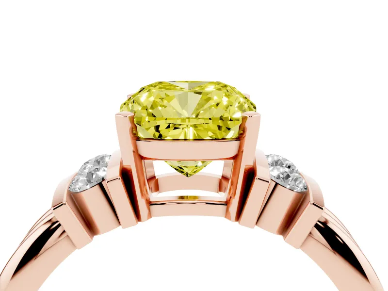 Fancy Yellow Three-Stone Cushion Cut Diamond Channel Set Ring Set in Rose gold with Bar Prongs