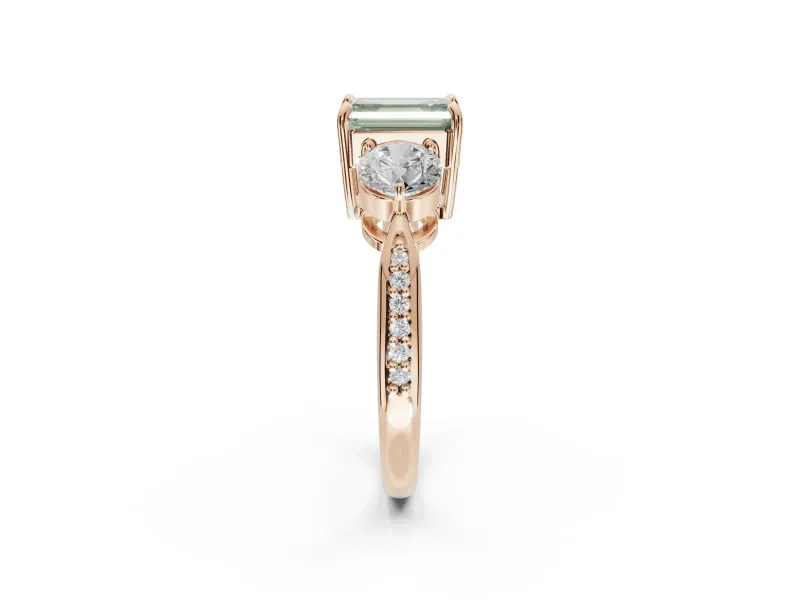 Emerald Cut Three Stone Engagement Ring Setting for a Fancy Green Lab-Grown Diamond | Tapered Pave Band | Rose Gold