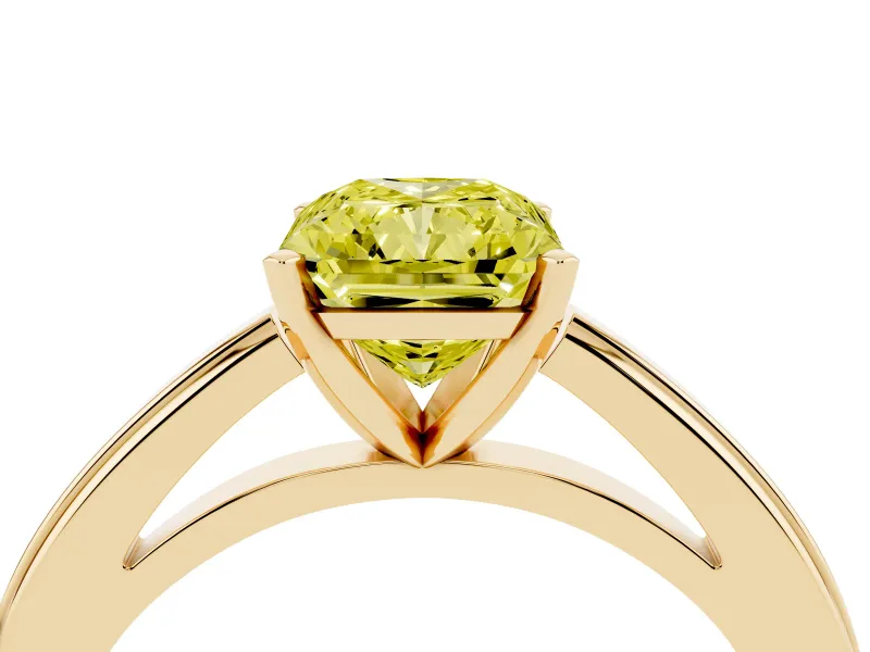 Fancy Yellow Radiant Cut Diamond Solitaire Ring Set in Yellow gold with Prong Setting and Classic Band