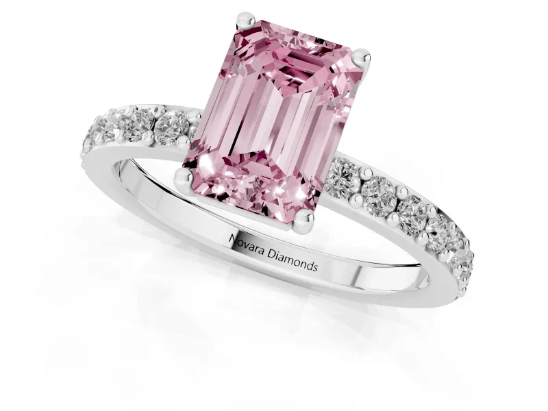 Fancy Pink Emerald Cut Diamond Solitaire Set in Platinum with Round Pavé Band and Prong Setting