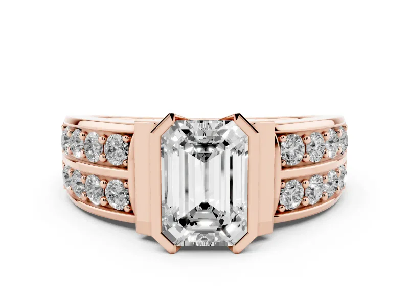 Emerald Cut Diamond Wide Channel Set Band Ring Set in Rose gold with Bezel Setting